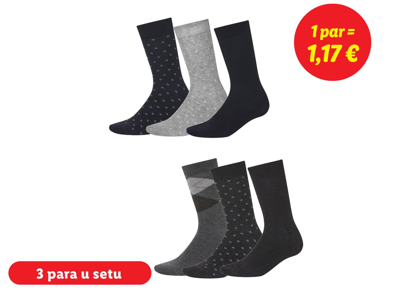 Šest pari muških čarapa u različitim bojama i uzorcima, s cijenom po paru i informacijom o setu.