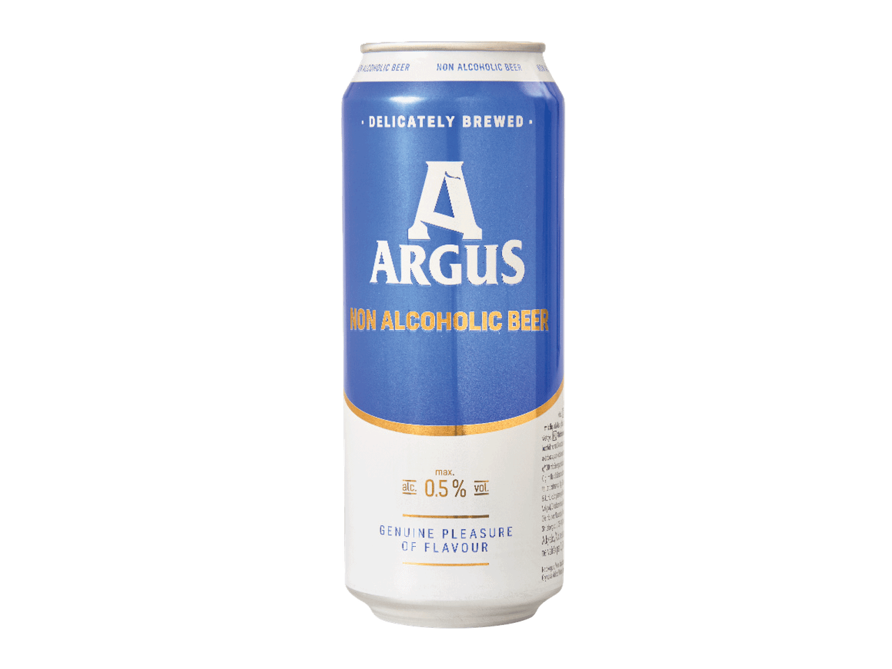 Alkoholivaba õlle purk tekstiga „DELICATELY BREWED“ ja „GENUINE PLEASURE OF FLAVOUR“