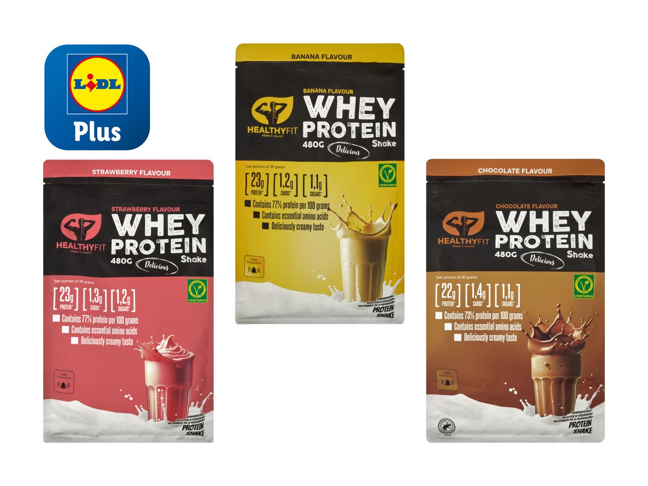 Trois sachets de protéines en poudre Lidl Plus aux saveurs banane, fraise et chocolat.