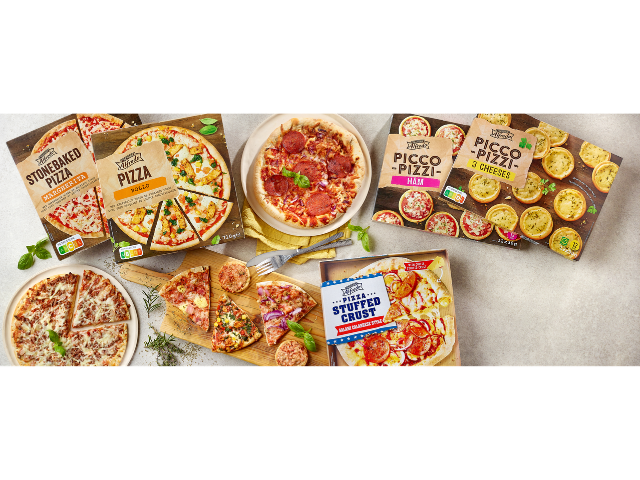 Pizzas Trattoria Alfredo : Stonebaked, Pollo, Picco-Pizzi, Stuffed Crust, et diverses tranches.