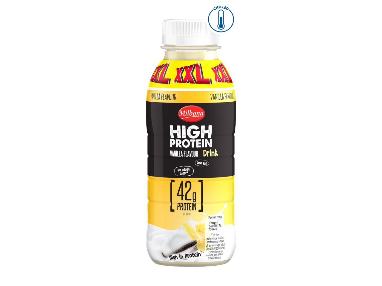 Milbona High Protein Vanilla Flavour Drink, 42g protein per bottle.
