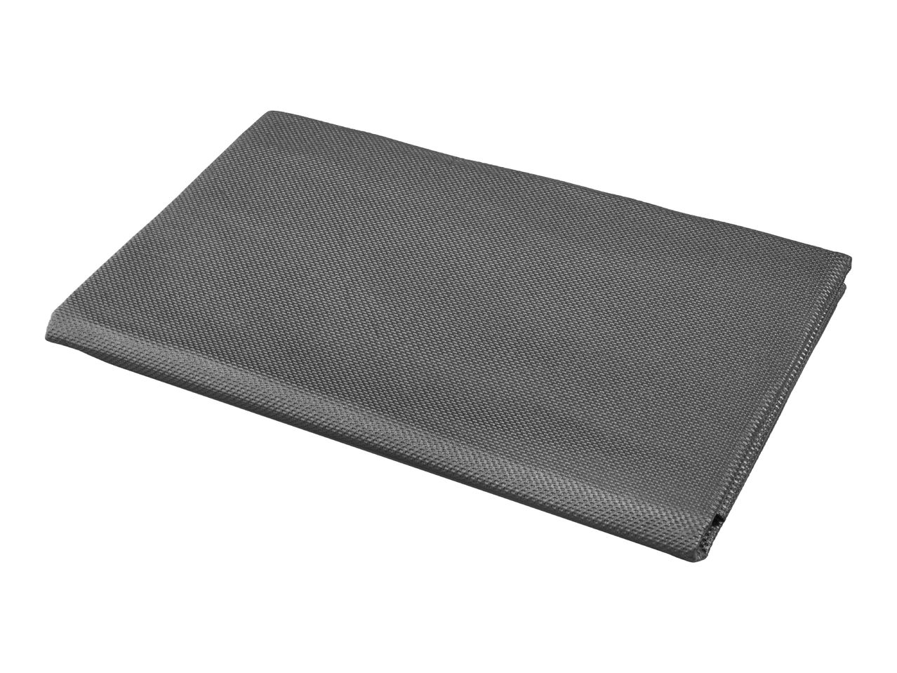 A gray rectangular mat with a textured surface, folded once.