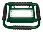 Green LED work light with black handles, illuminated on a white background.