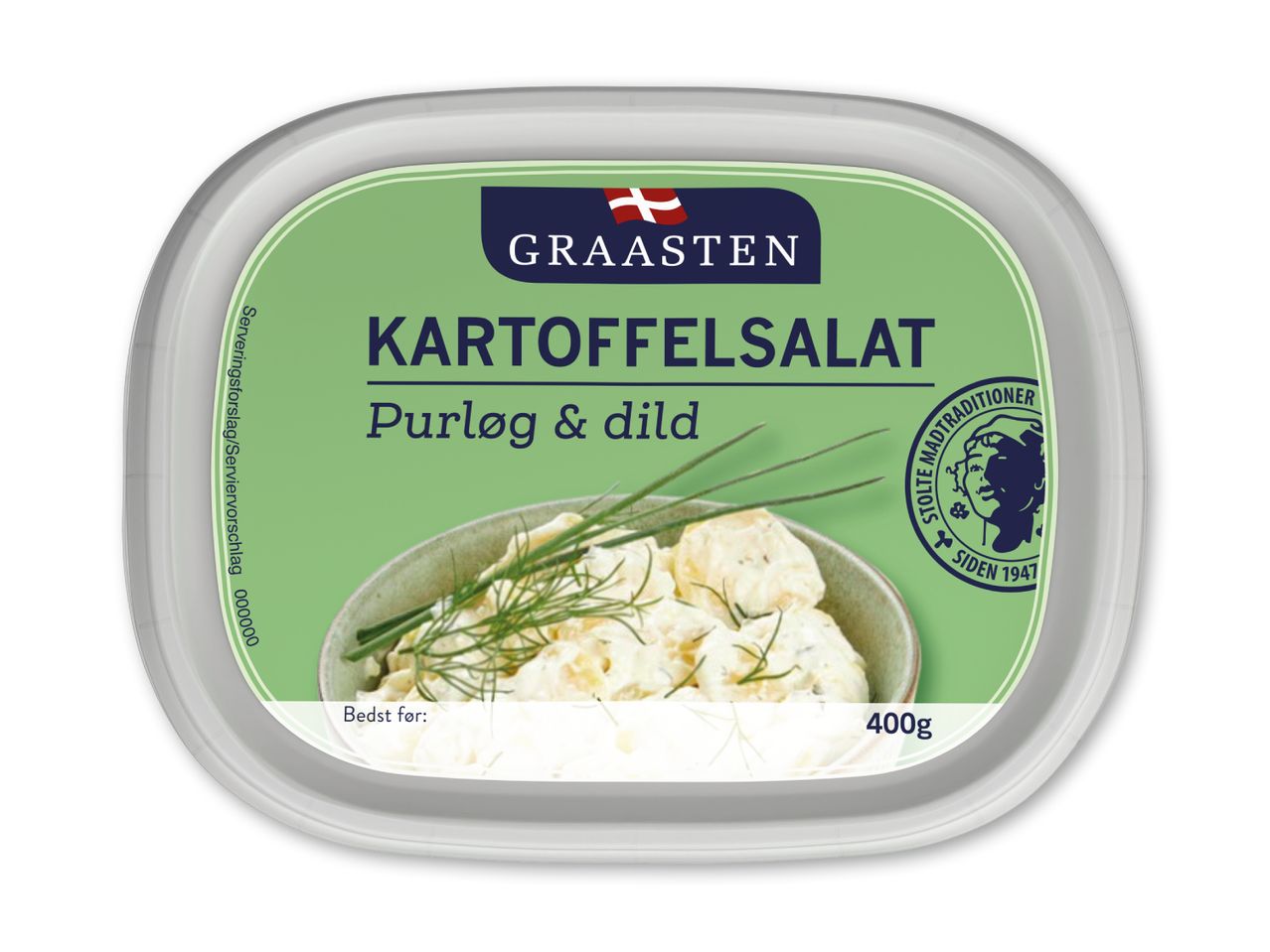 Kartoffelsalat med purløg og dild i en 400g beholder, med en skål kartoffelsalat på etiketten.