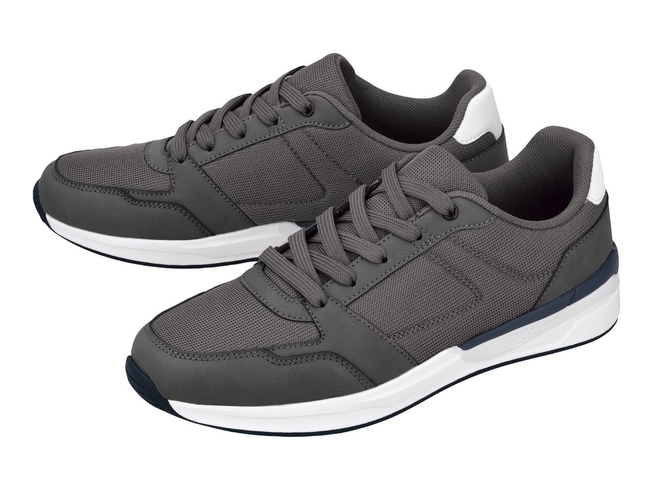 Pair of dark grey men's sneakers with white soles and blue accents.