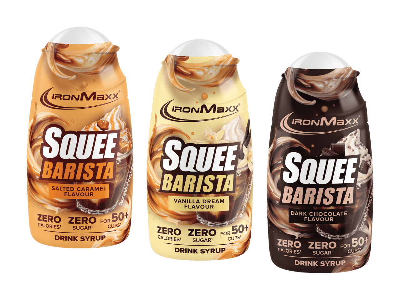 Trois sirops à boire saveurs caramel salé, vanille et chocolat noir, zéro calorie et zéro sucre.