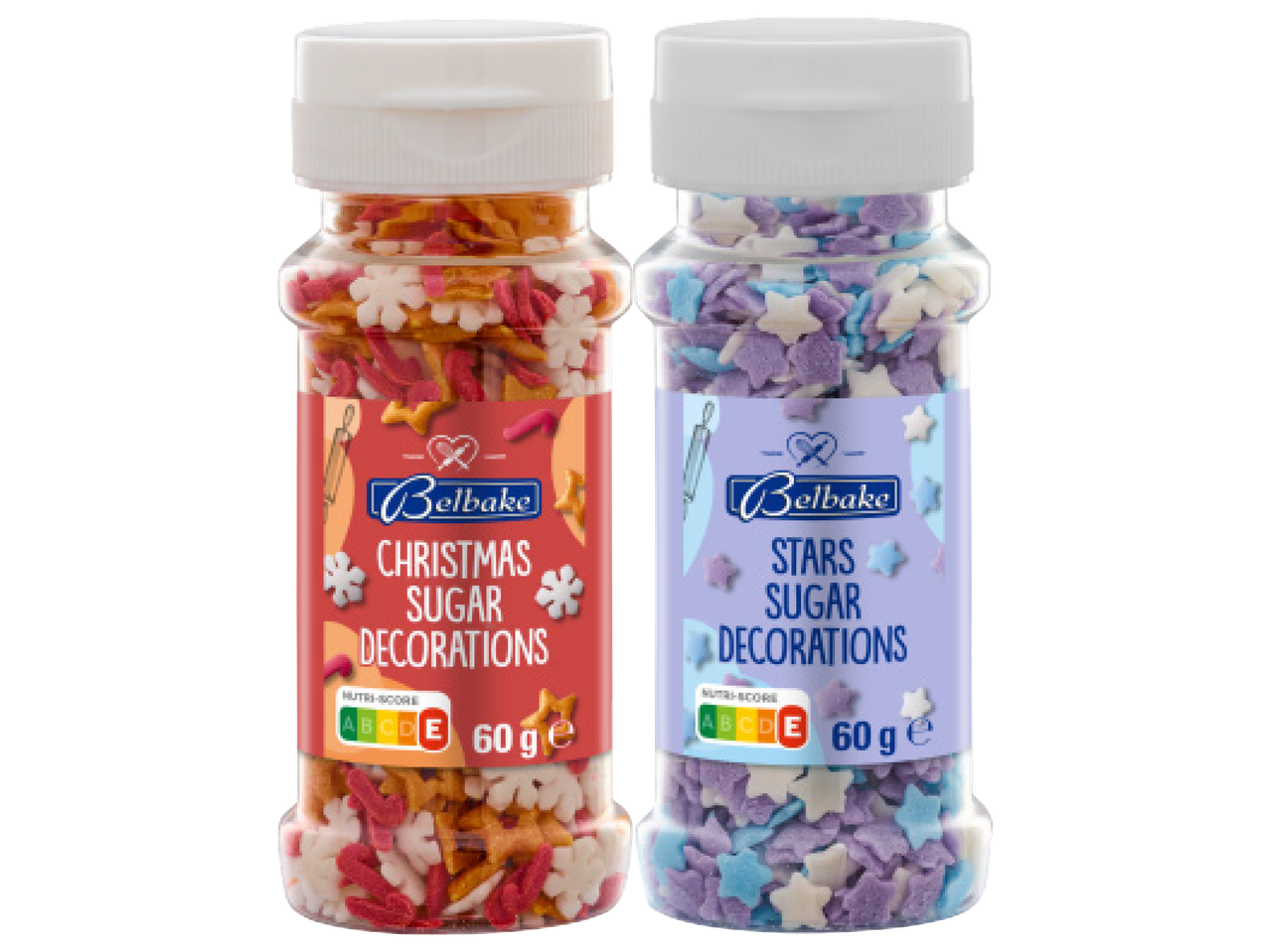 Divas Belbake cukura dekorāciju burciņas: Ziemassvētku un zvaigžņu formas.