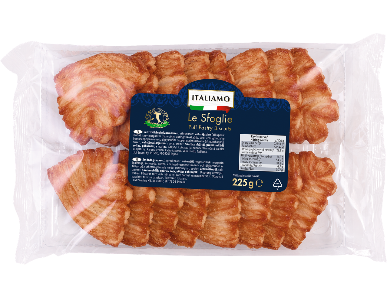 Italienska smördegskakor av märket Italiamo i en transparent förpackning.