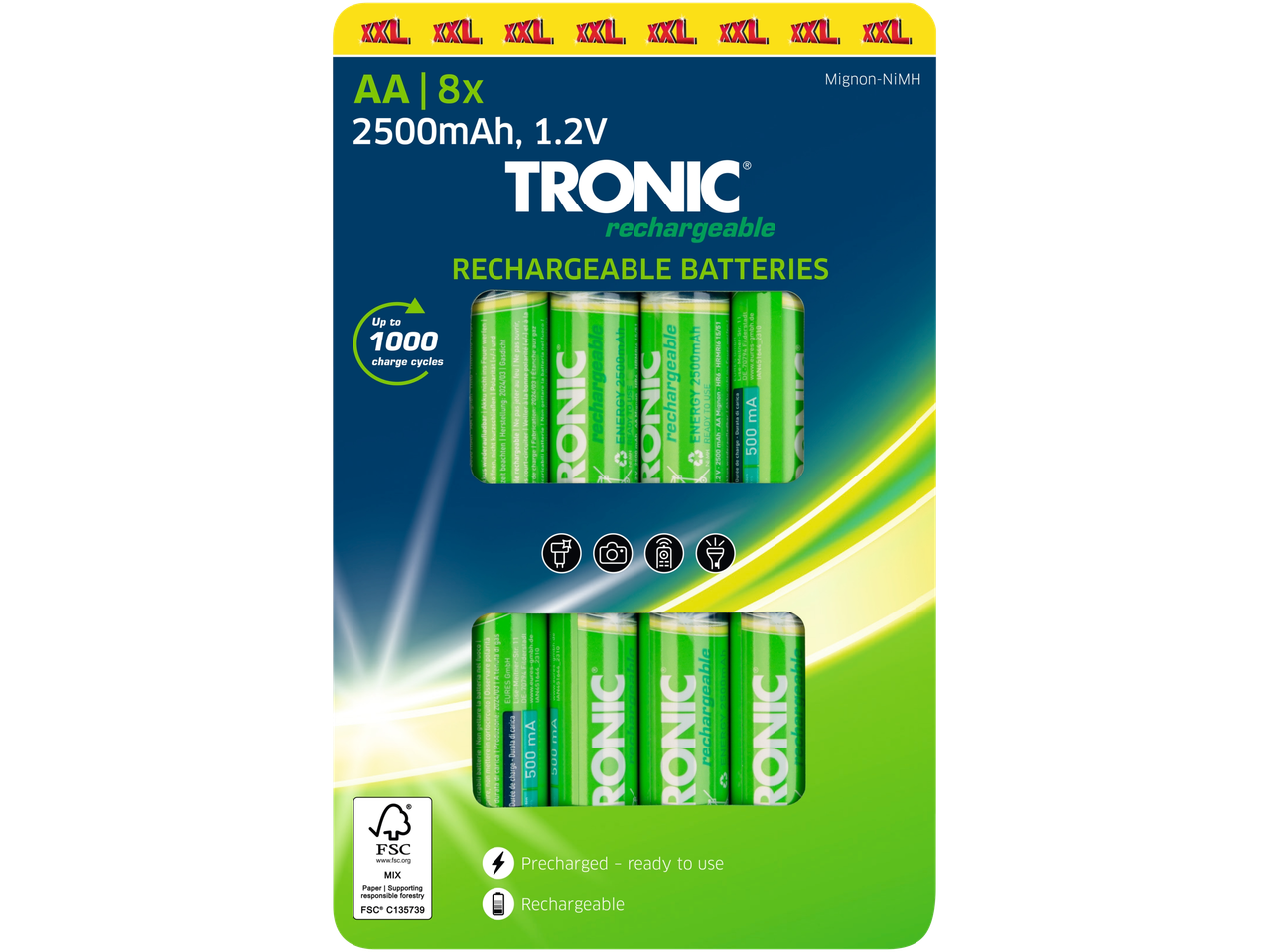 8 baterii TRONIC AA reîncărcabile, 2500 mAh.