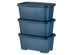 Três caixas de armazenamento empilháveis de plástico azul-escuro.