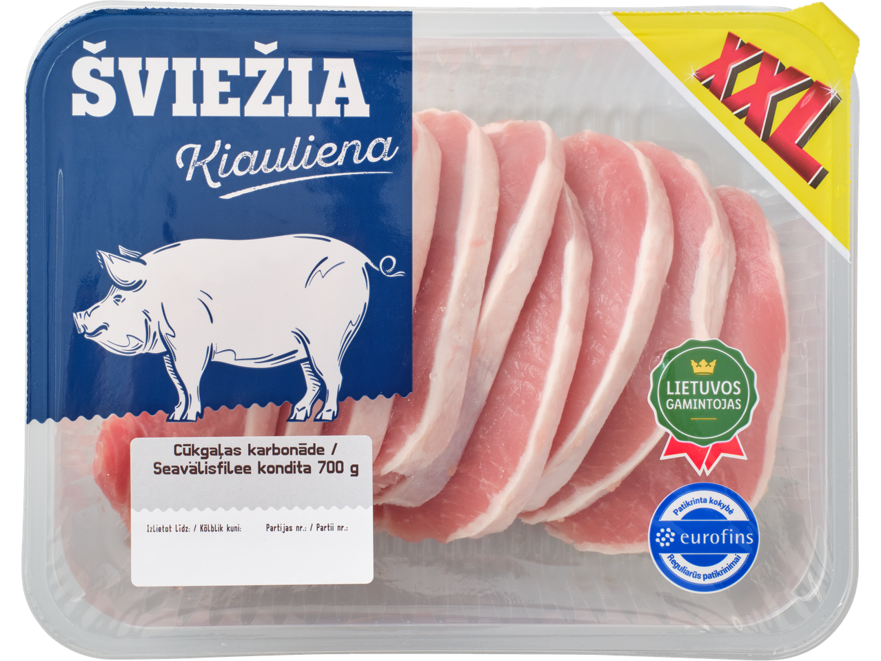Pakend värskeid XXL seakarbonaade Leedu tootjalt Eurofins.