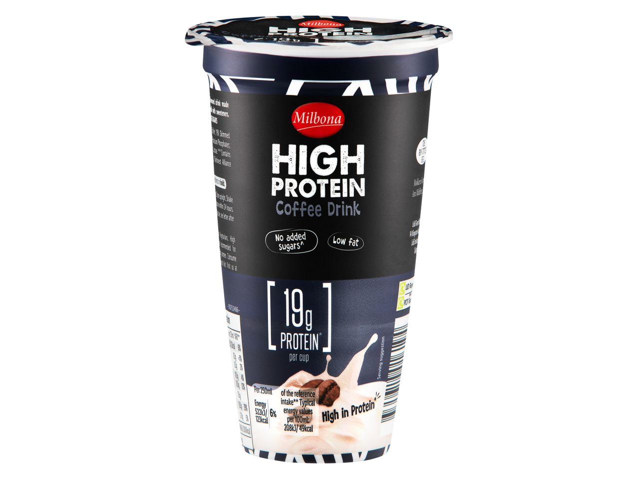 Milbona High Protein Coffee Drink, no added sugars, low fat, 19g protein per cup.