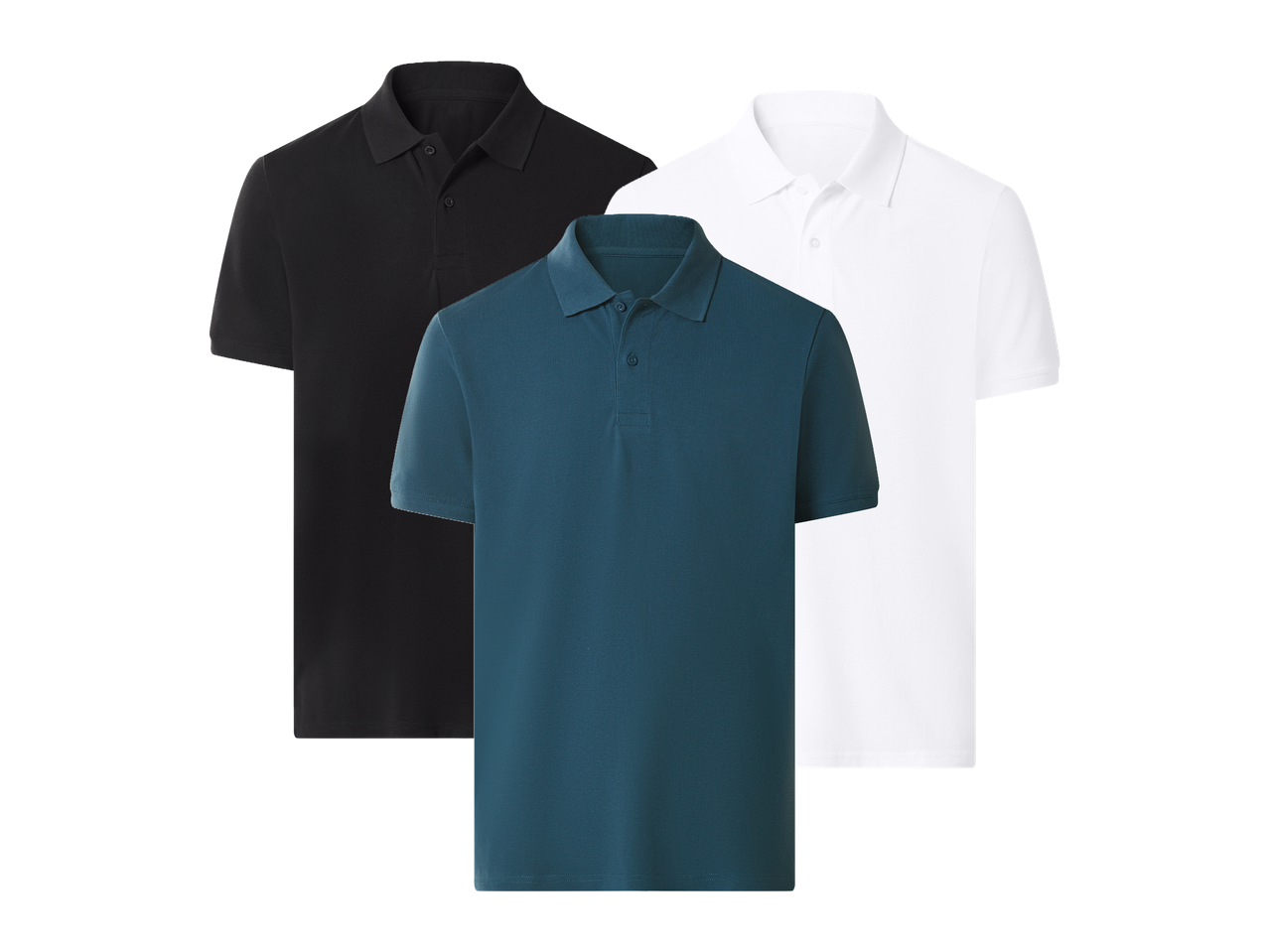 Tri polo majice u crnoj, tirkiznoj i bijeloj boji, složene jedna iza druge.