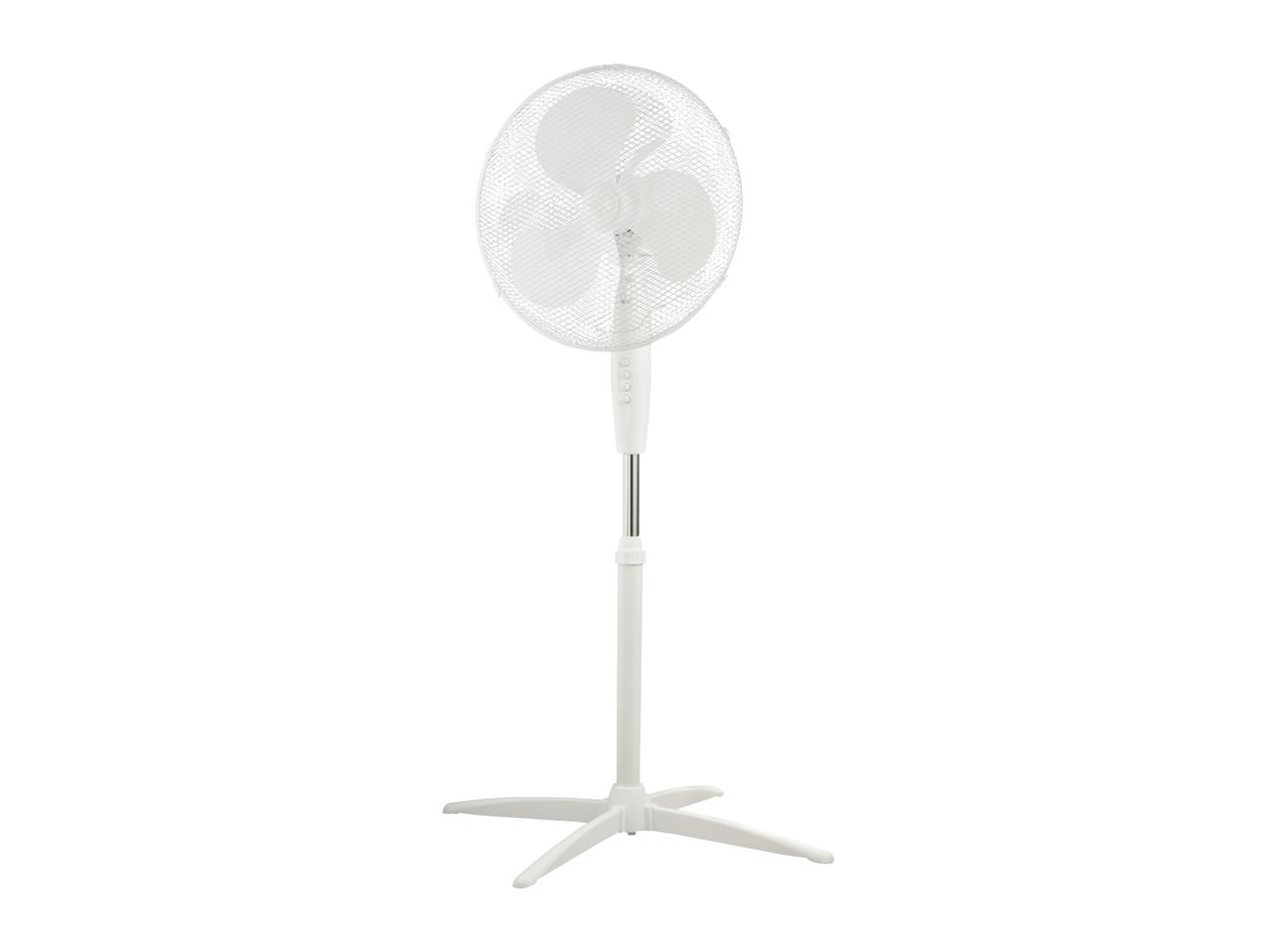 White pedestal fan with a round head and a cross-shaped base.
