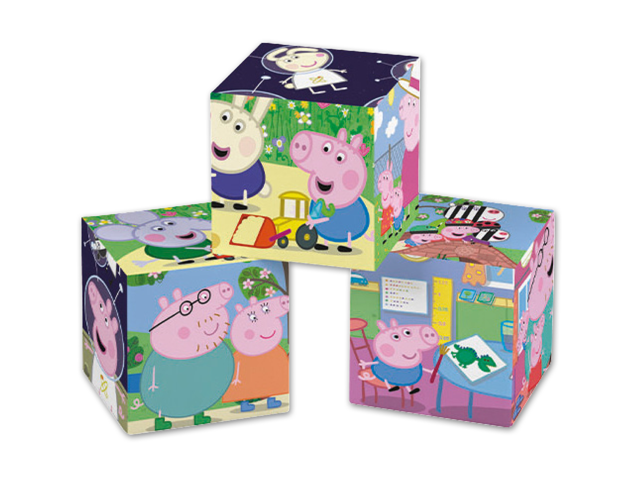 Drei Peppa Wutz Spielwürfel mit verschiedenen Szenen und Charakteren aus der Serie.