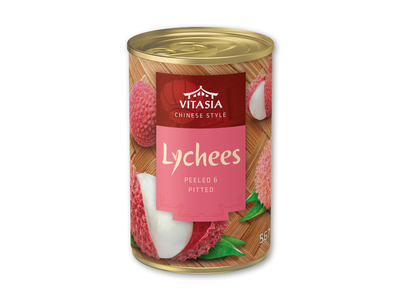 Dåse med litchi, skrællet og udstenet, i kinesisk stil.