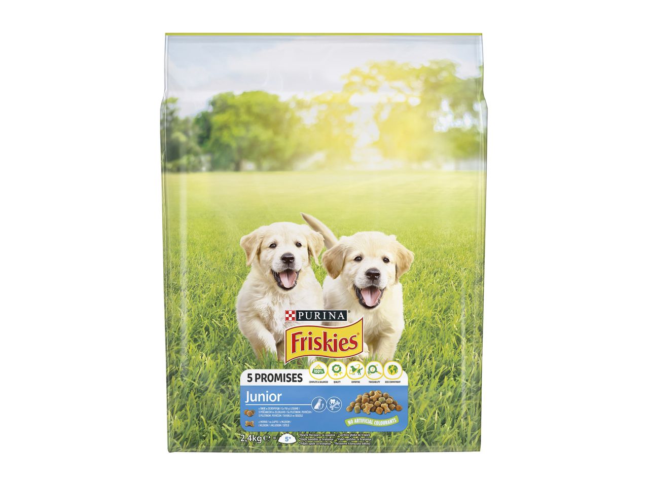 Hrana pentru căței Purina Pro Plan, ambalaj cu doi căței Golden Retriever.