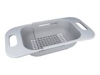 Grey plastic over-the-sink colander with extendable handles and drainage holes