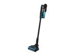 A black and teal cordless stick vacuum cleaner.