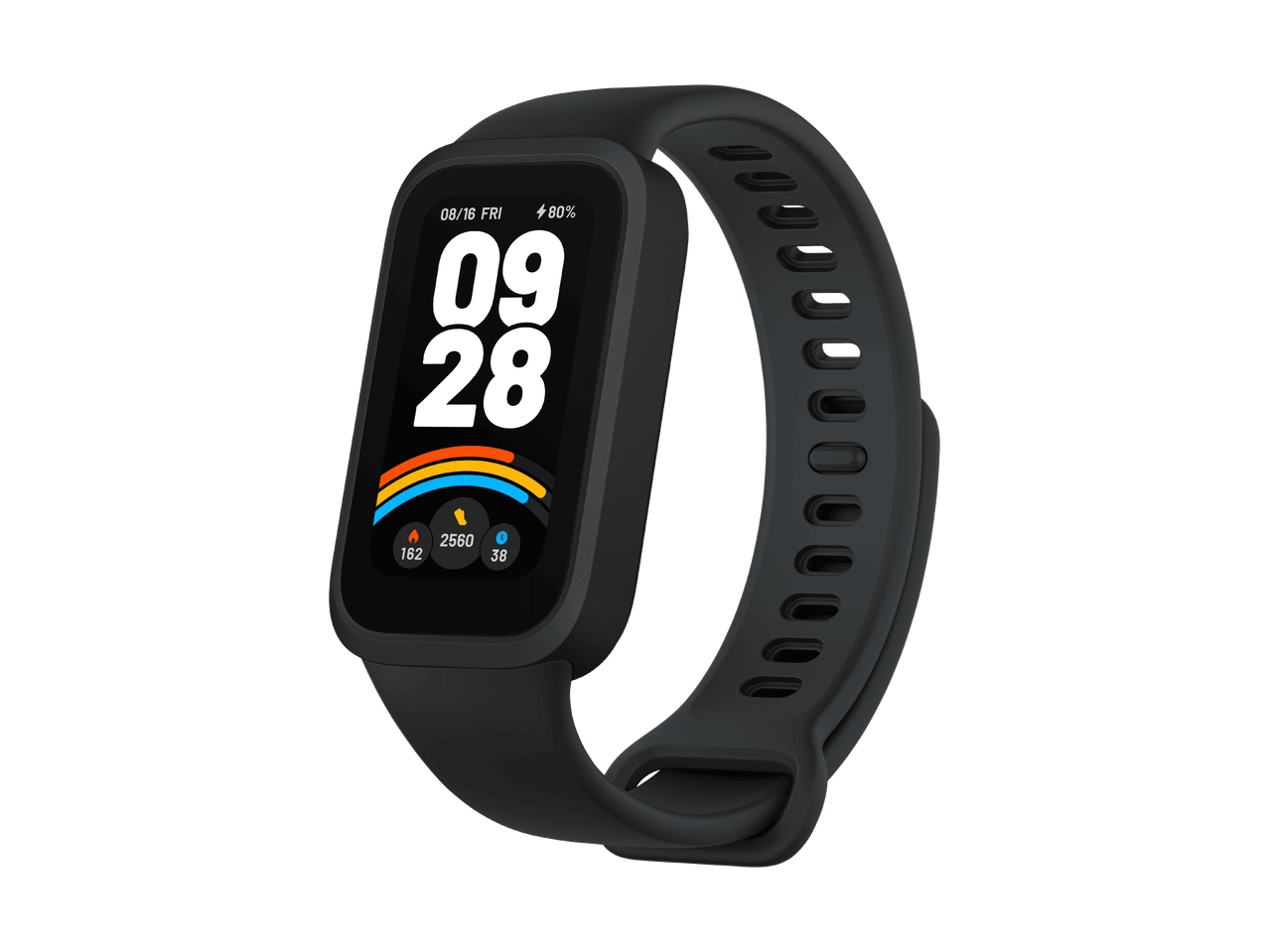 Schwarze Smartwatch mit Silikonarmband und Display, das Datum, Uhrzeit und Aktivitätsstatistiken anzeigt.