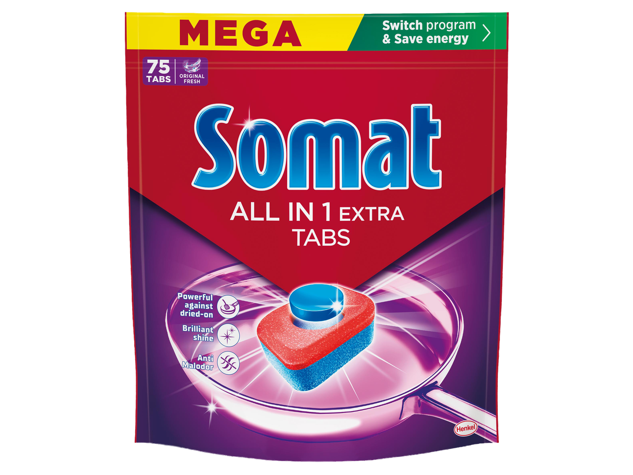 Mosogatógép tabletta csomagolás, 75 darabos, „MEGA” felirattal, energiatakarékos programra utaló jelzéssel.