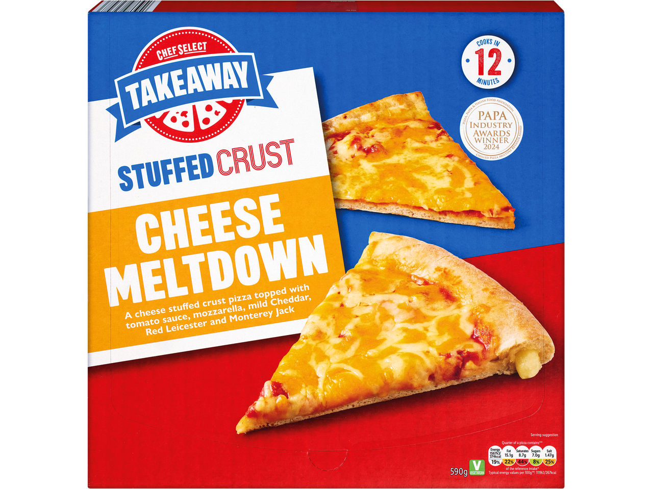 Chef Select Takeaway Stuffed Crust Cheese Meltdown pizza, cooks in 12 minutes.