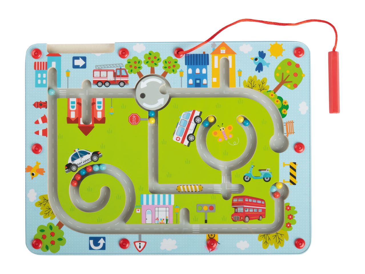 Wooden magnetic maze board with a city road theme, featuring vehicles like a fire truck, ambulance, police car, and bus.