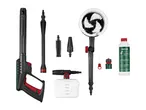 A set of pressure washer accessories including a spray gun, various nozzles, a rotating wash brush, a foam cannon, and a bottle of detergent.