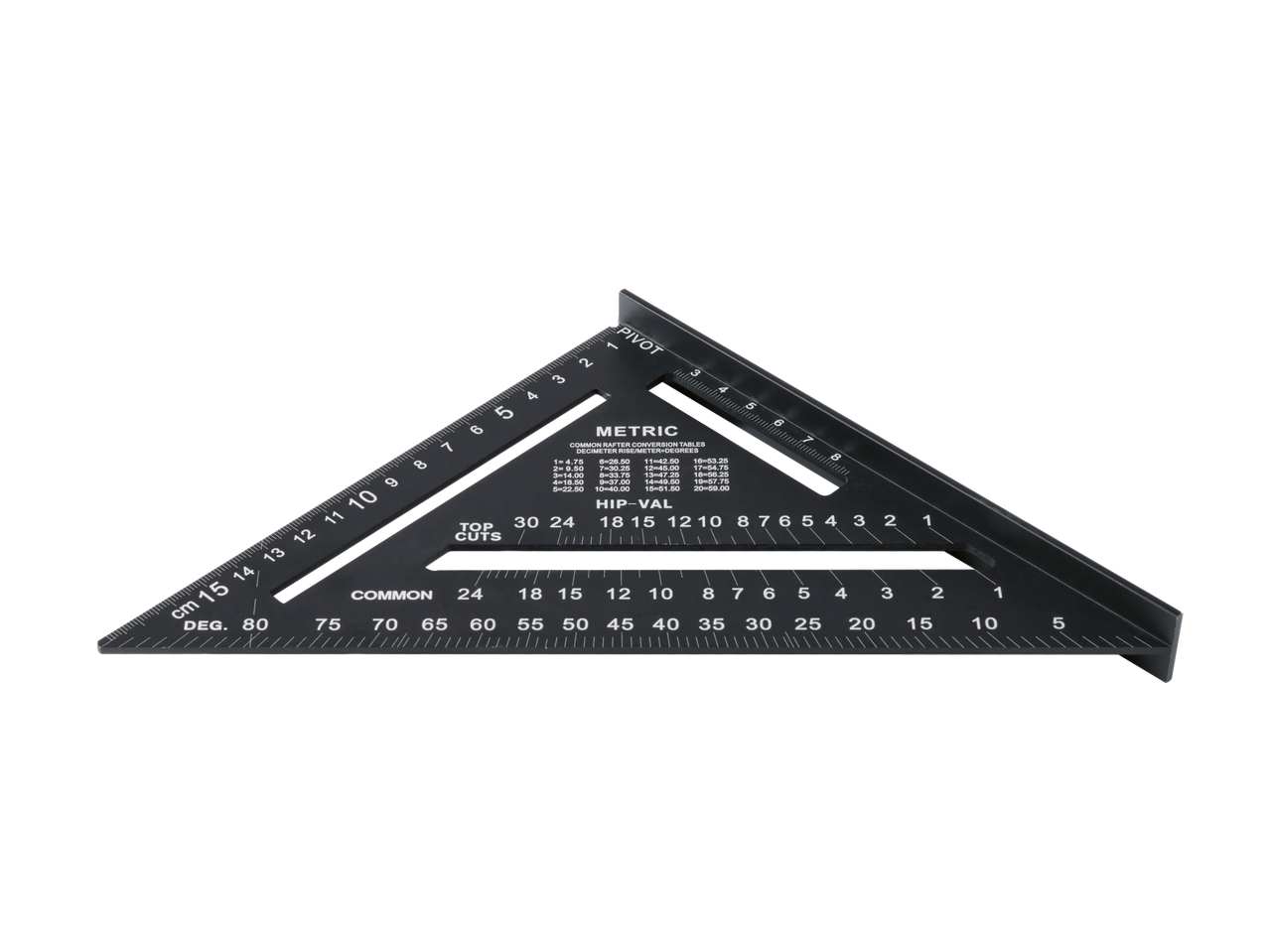 Μαύρο ξυλουργικό τετράγωνο με μετρική κλίμακα και πίνακες μετατροπής για δοκάρια.