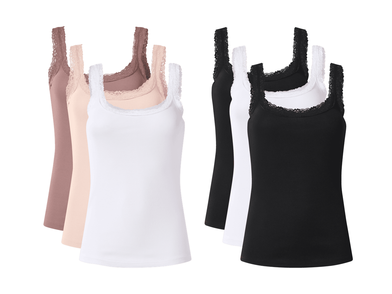 Lot de débardeurs côtelés avec bordure en dentelle, en blanc, noir, rose et beige.