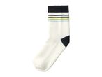 White sock with black, green, yellow, and blue stripes, and a black heel