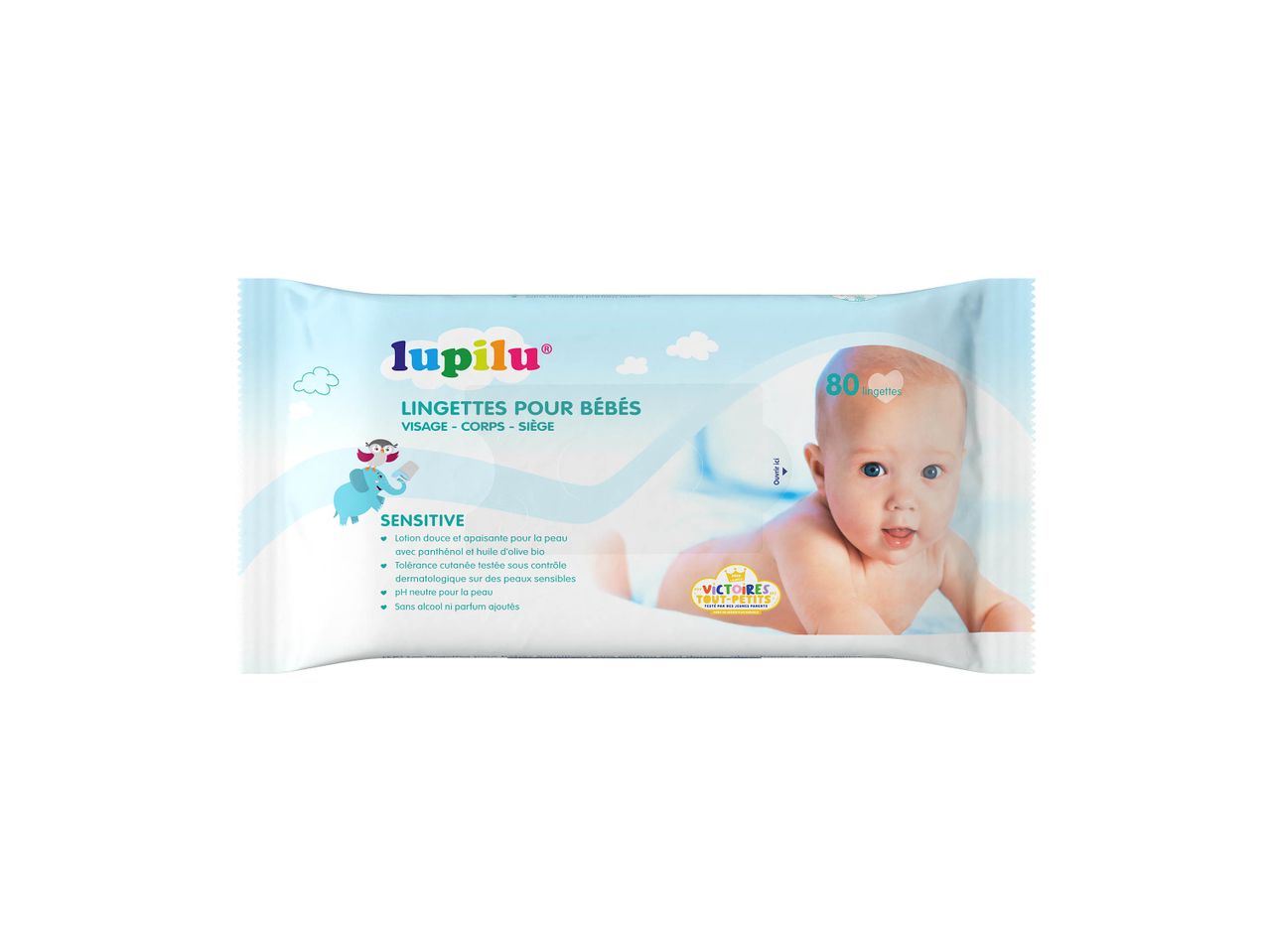 Lingettes pour bébés Lupilu Sensitive, 80 lingettes pour visage, corps et siège.
