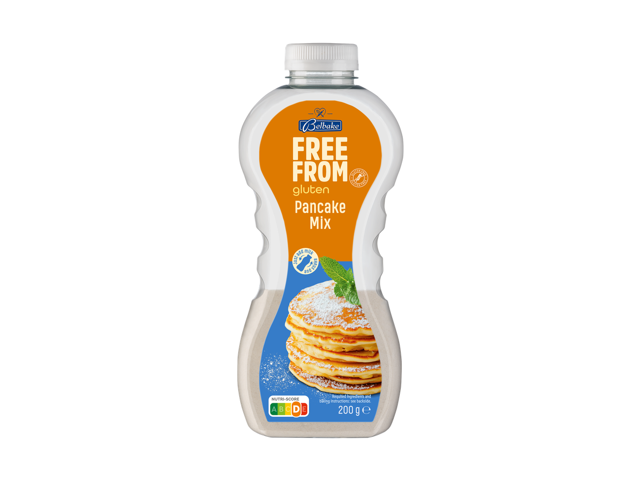 Glutenvrije pannenkoekenmix in een fles met een afbeelding van pannenkoeken.