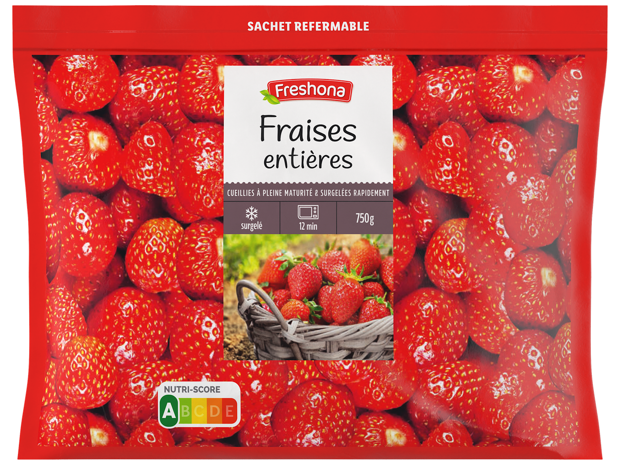 Sachet refermable de fraises entières surgelées, 750g, avec Nutri-Score A.