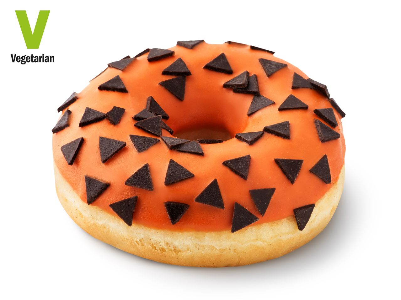 Orange donut with chocolate sprinkles.
