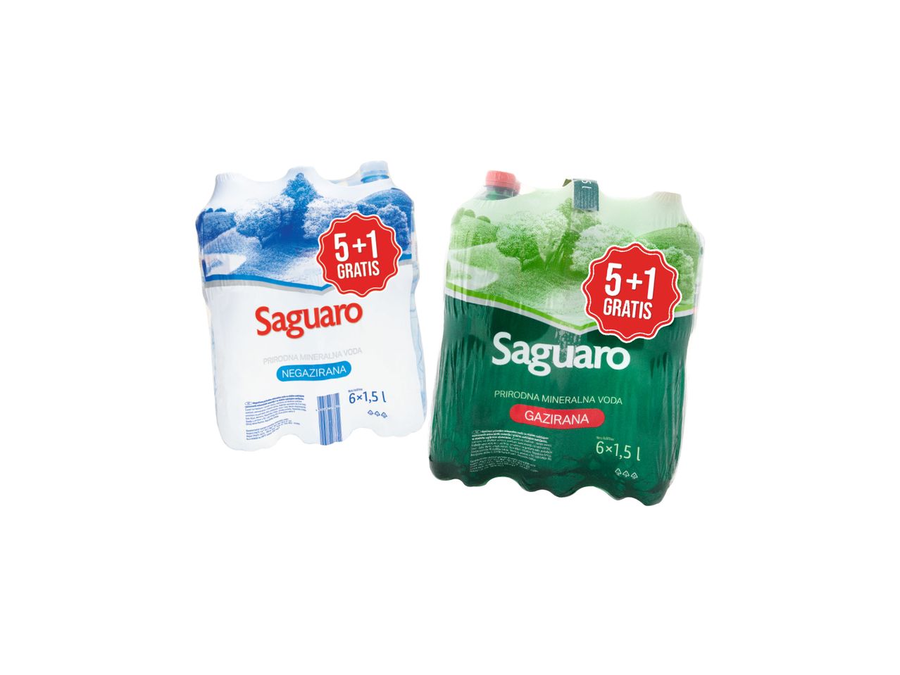 Dva pakovanja Saguaro mineralne vode, jedno negazirano i jedno gazirano, sa oznakom 5+1 gratis.
