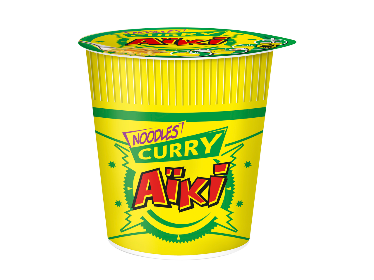 Gobelet Aïki Nouilles Curry, emballage jaune et vert avec texte rouge.