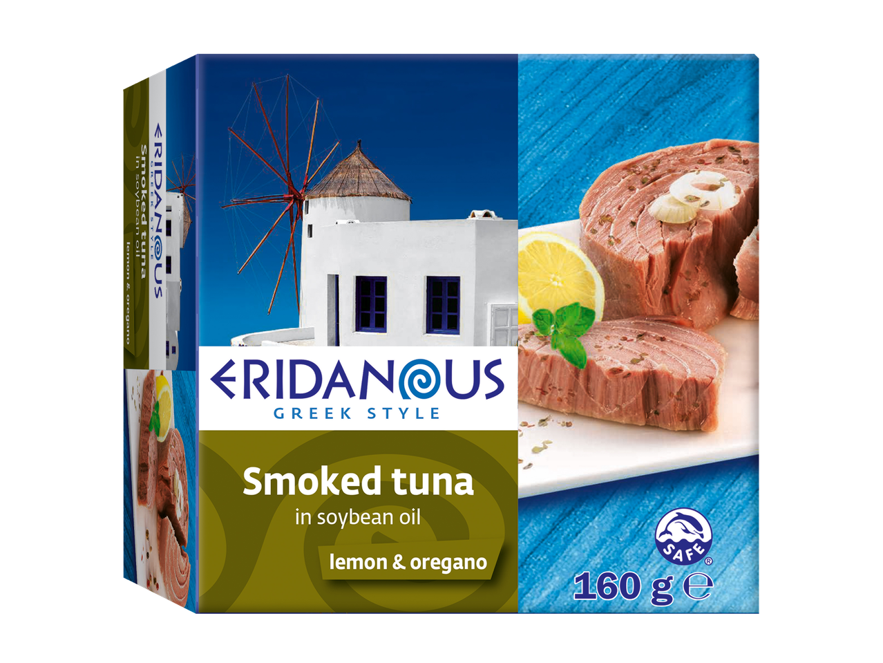 Eridanous rūkyta tuniena, graikiškas stilius, sojų aliejuje su citrina ir oregano.