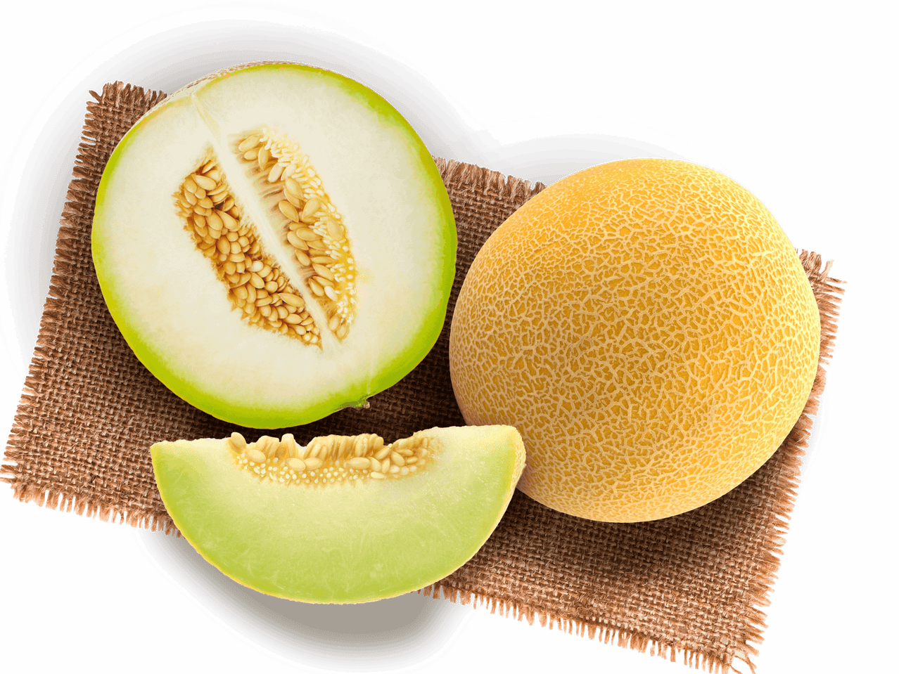 Cantaloupe und grüne Melonen auf Jute.