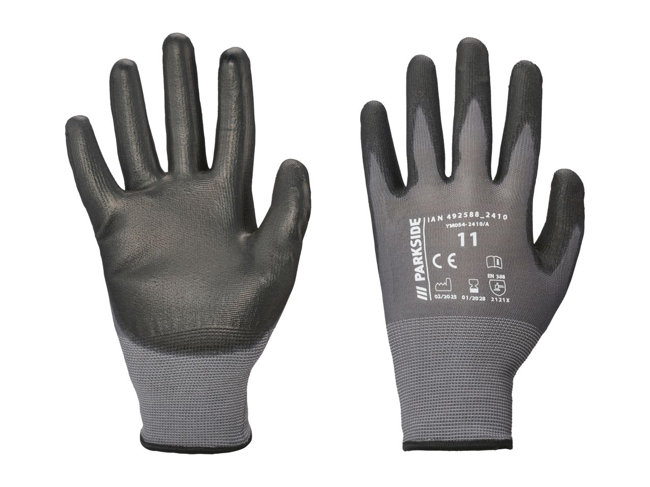 Two gray and black work gloves, one showing the palm and the other the back with product details.