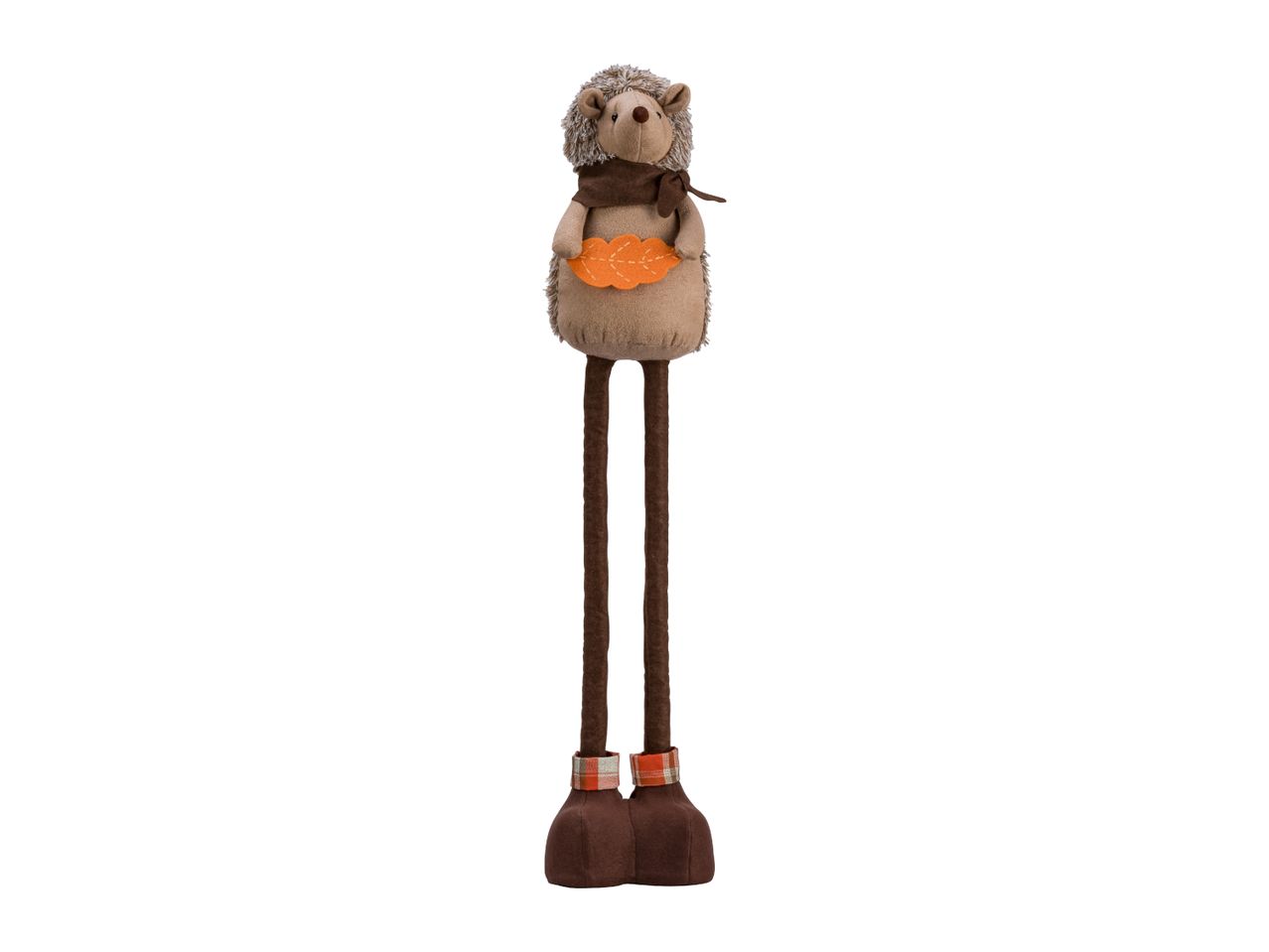 Autumn hedgehog plush toy with long legs, a brown scarf, and an orange leaf.