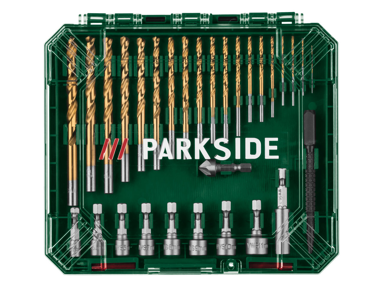 PARKSIDE puuri- ja otsikukomplekt läbipaistvas rohelises karbis.