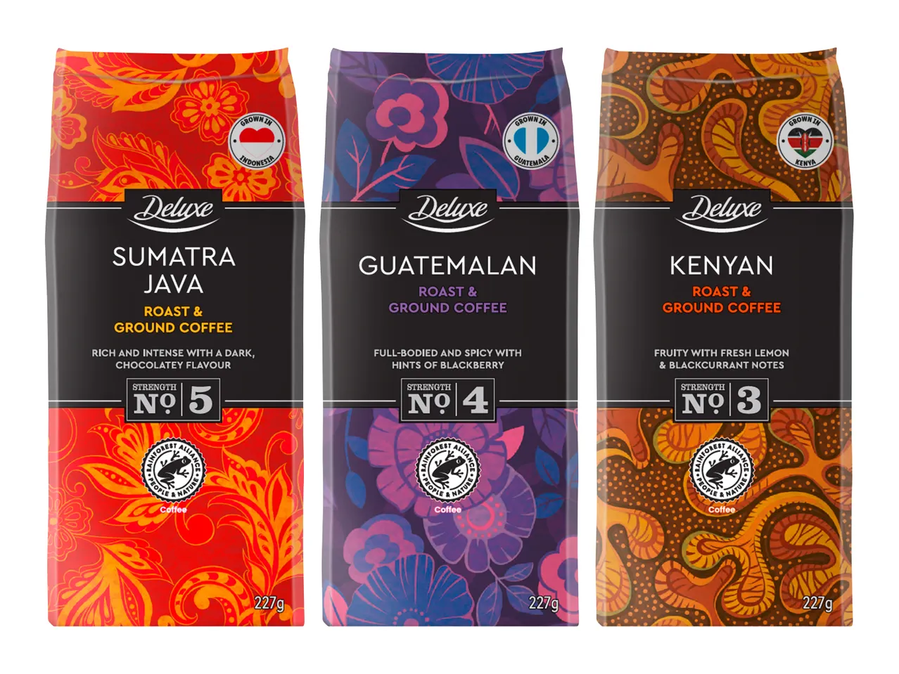 Pachete de cafea Delhaize: Sumatra, Guatemalan și Kenya.