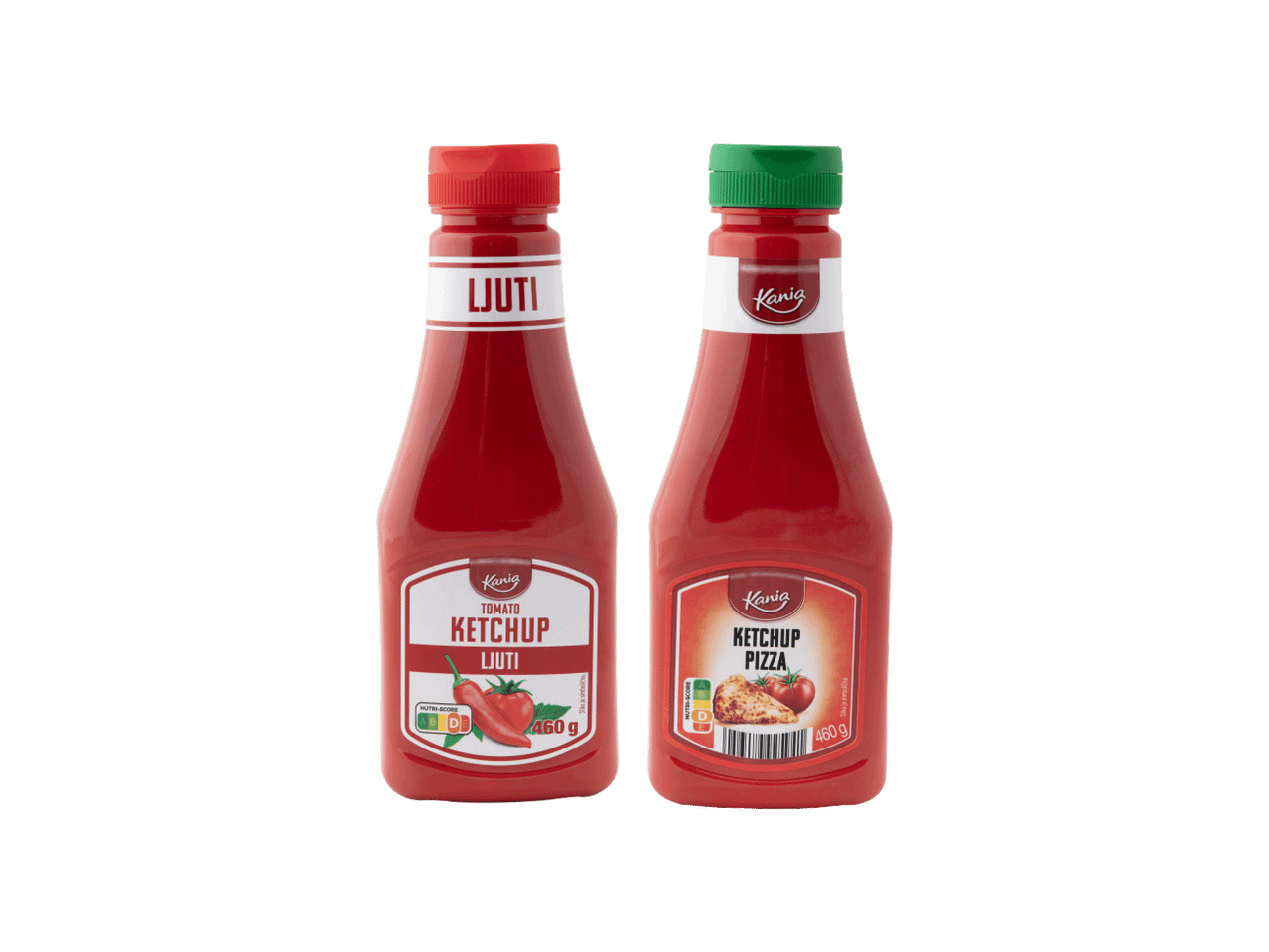 Dve boce kečapa, jedna ljuti paradajz kečap, druga kečap za picu.