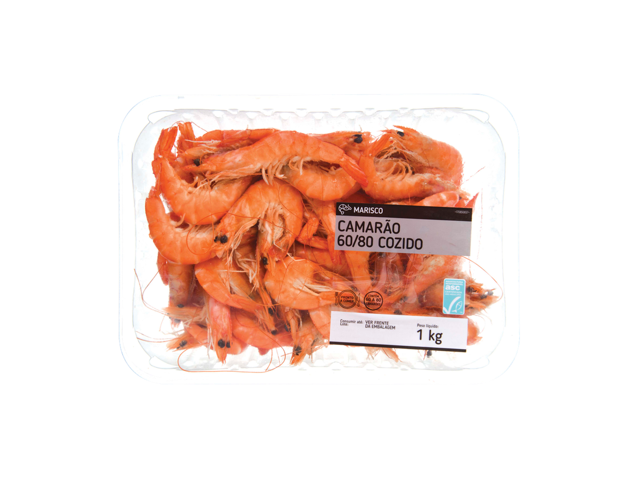 Camarão cozido 60/80 numa embalagem de 1 kg.