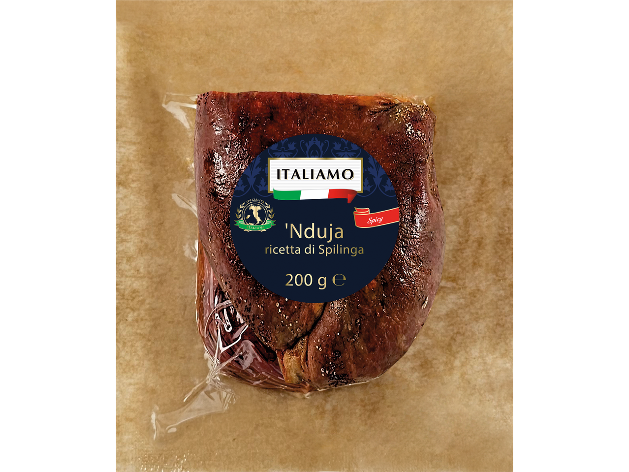 Vakuumförpackad 'Nduja från Italian, 200 g, på brunt papper.