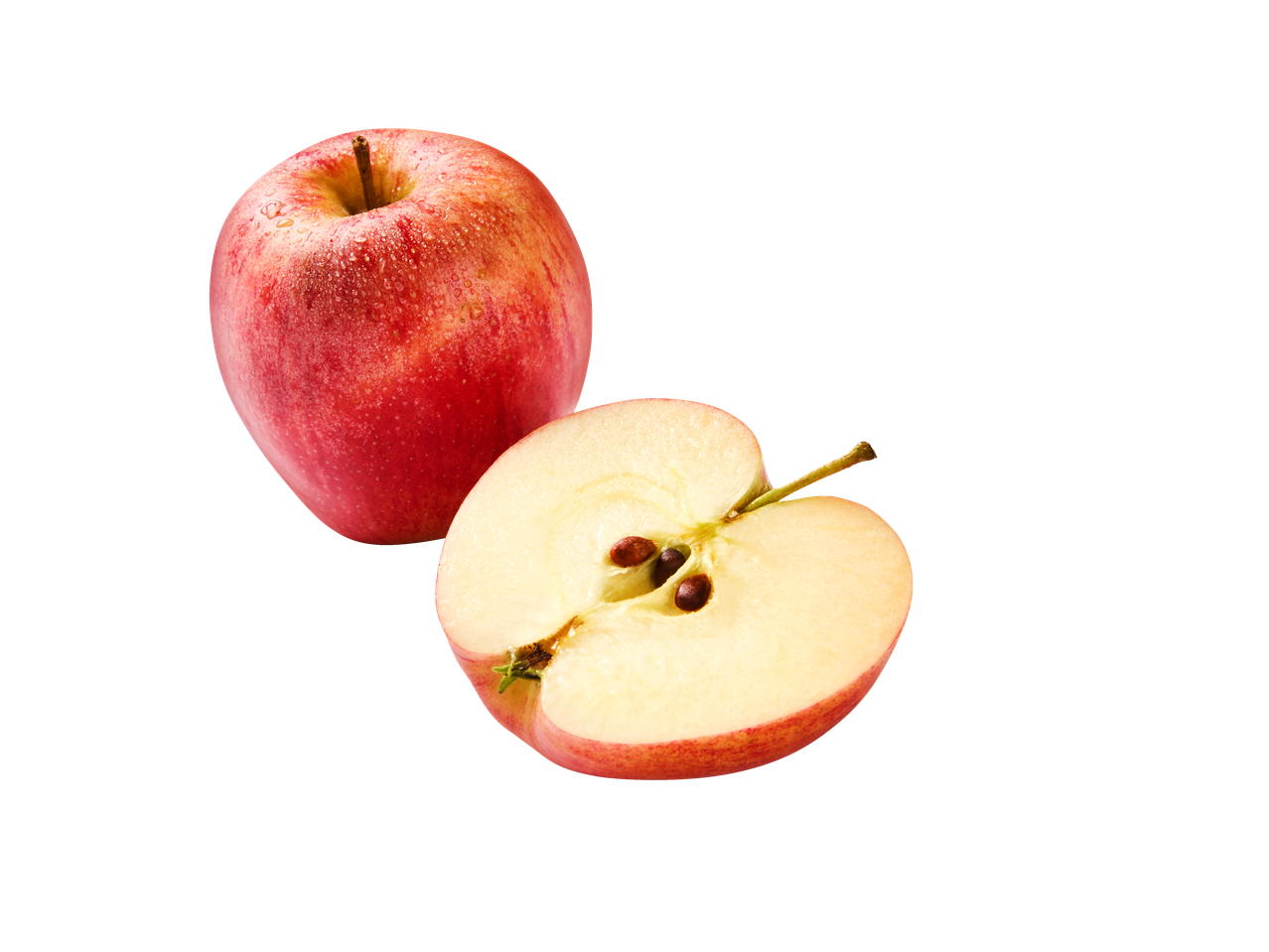 Mere roșii: un măr întreg și unul tăiat în două.