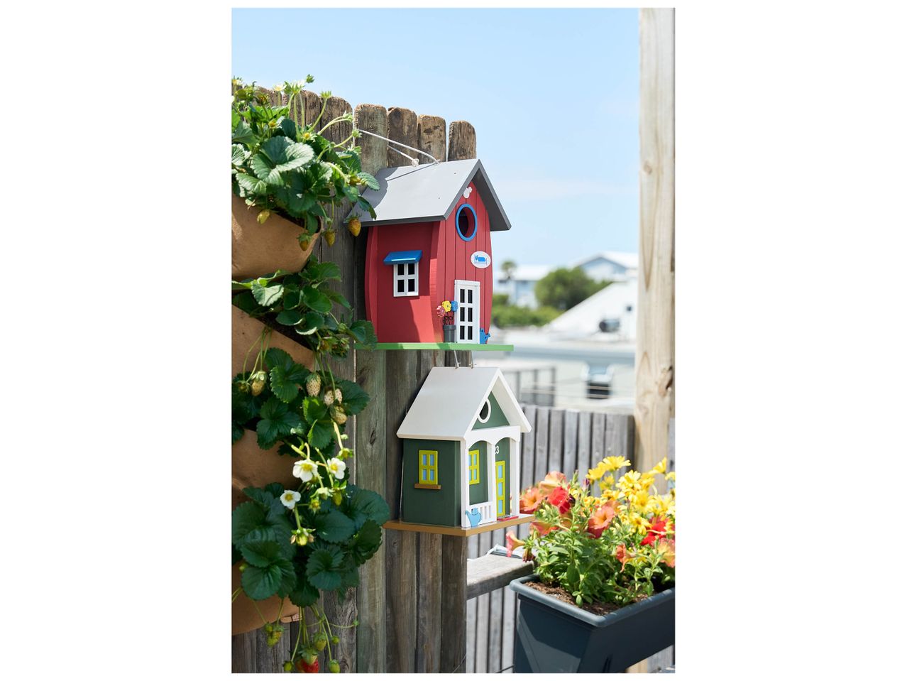Deux nichoirs à oiseaux colorés, un rouge et un vert, accrochés à une clôture de jardin.