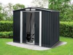 Dark grey metal garden shed with open sliding doors, revealing a watering can, boots, and a ladder inside.
