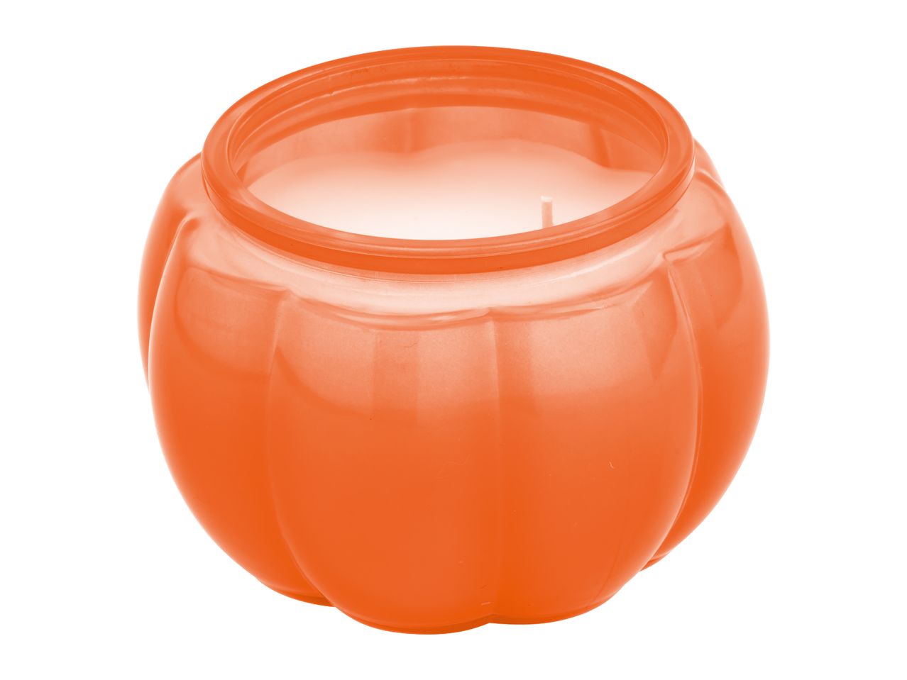 Orange pumpkin-shaped candle in a glass jar
